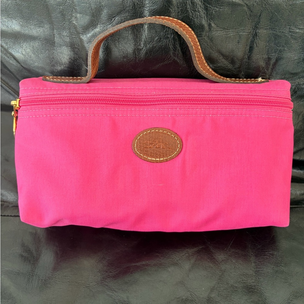 Longchamp Pouch Hot Pink Cosmetic Case with Brown Leather Trim